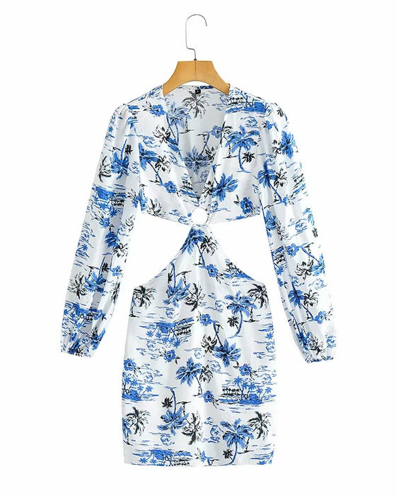 Summer Women Clothes Slim Fit Sexy Waist Hollow Out Cutout Printed Dress