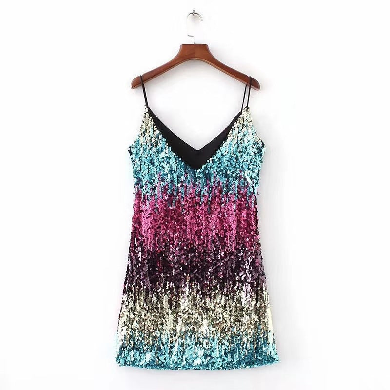 Summer Women Clothing Dress Sleeveless Sexy Sequined V neck Strap