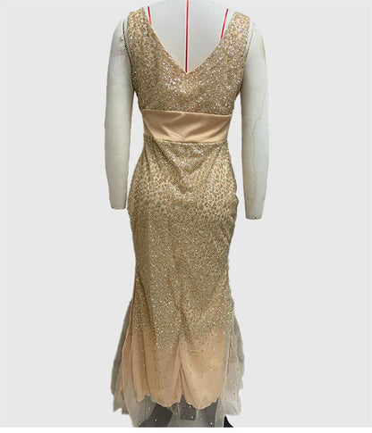 Women Dress V neck Brace Split Gold Dress Dress