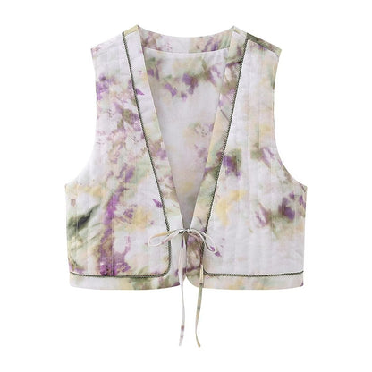 Women Clothing Summer Retro Sleeveless Lace up Vest Tie Dyed Printed Personality Vest Top