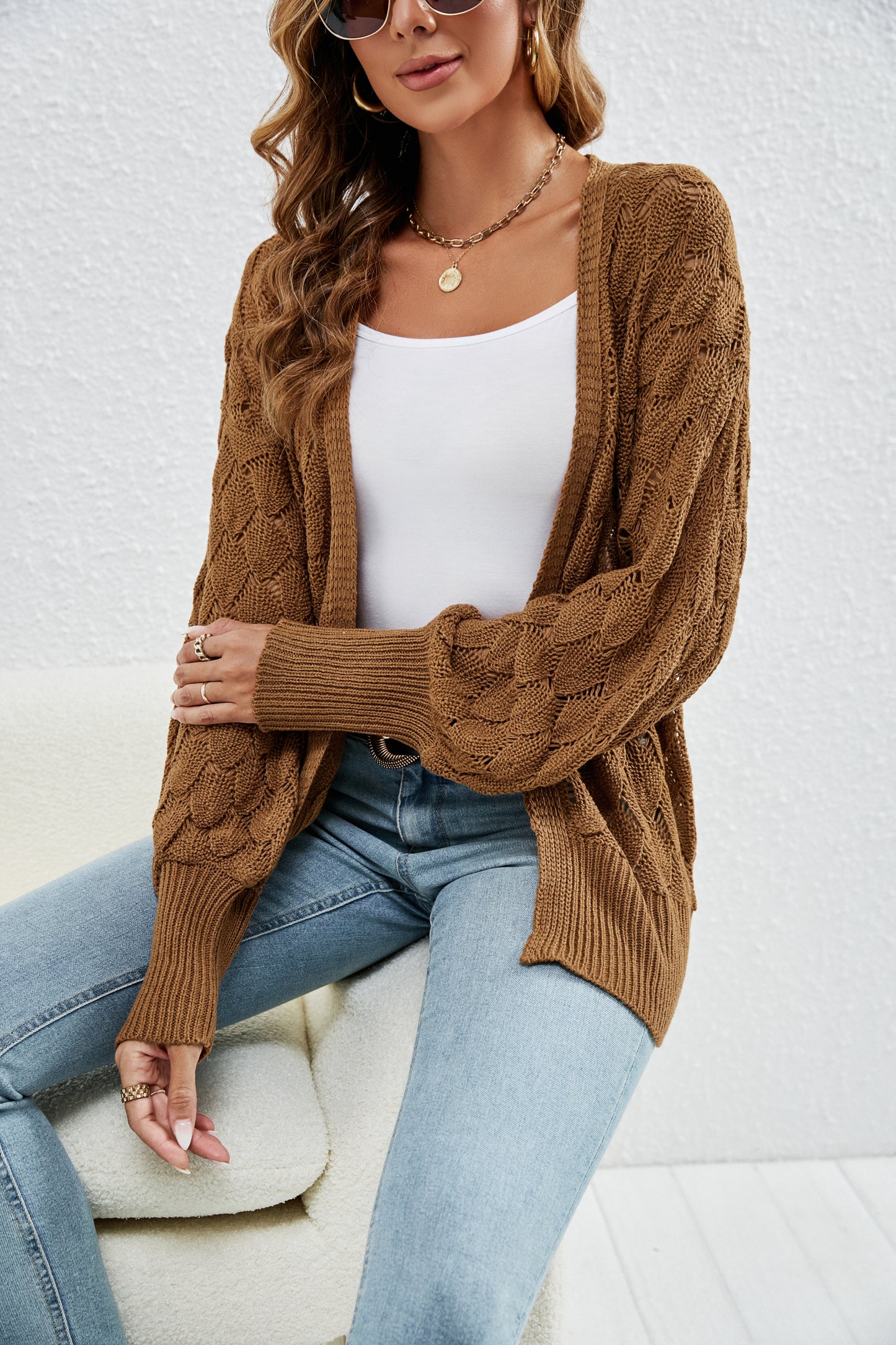 Women Clothing Loose Fitting Comfortable Sweater Coat Mid Length Design Hollow Out Cutout out Knitted Cardigan