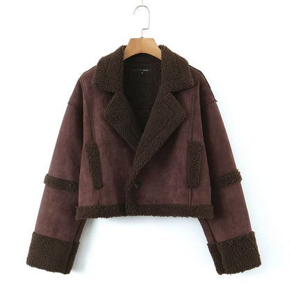 Autumn Winter Sexy Collared Faux Shearling Jacket Jacket Women Short One Button Jacket