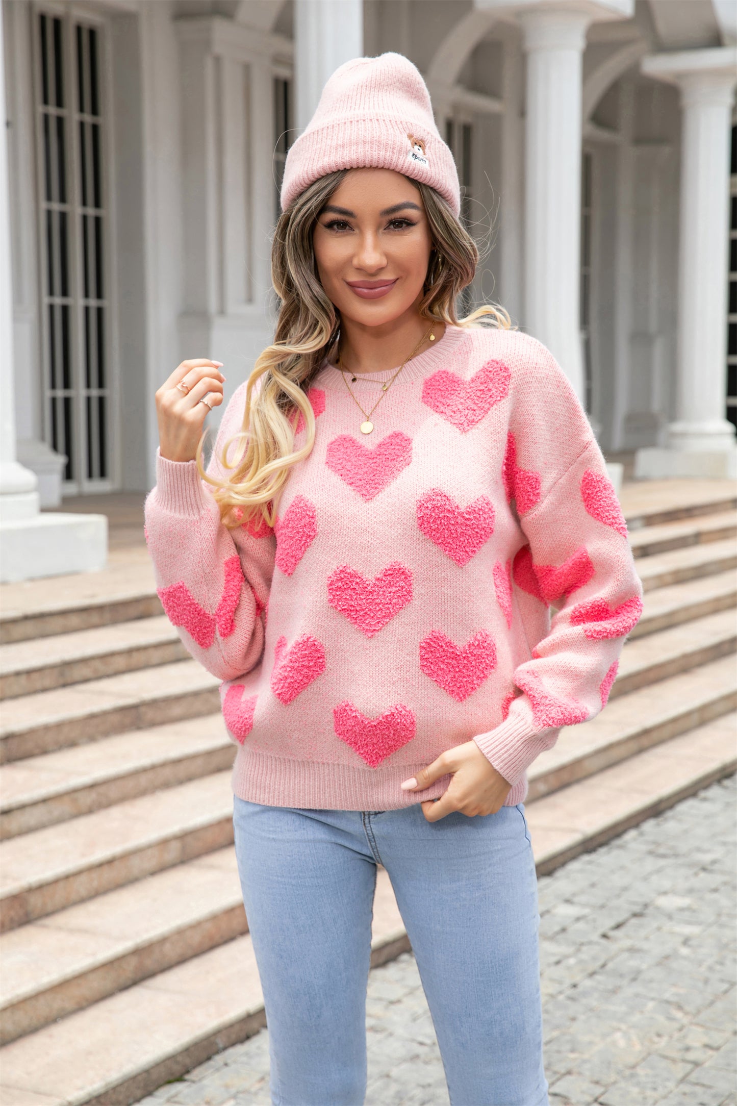 Winter Clothes Big Love Valentine Day Round Neck Sweater Pullover Peach Heart Sweater Women