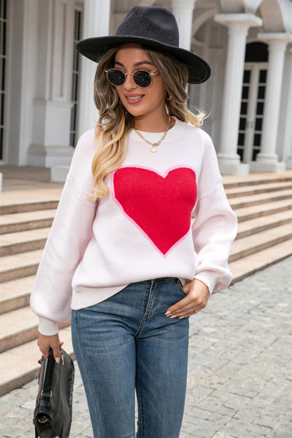 Winter Clothes Big Love Valentine Day Round Neck Sweater Pullover Peach Heart Sweater