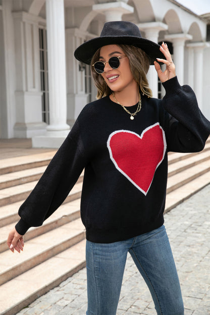 Winter Clothes Big Love Valentine Day Round Neck Sweater Pullover Peach Heart Sweater