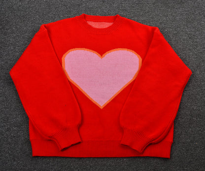 Winter Clothes Big Love Valentine Day Round Neck Sweater Pullover Peach Heart Sweater