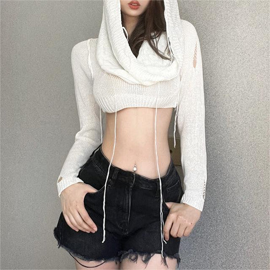 Autumn Women Clothing Hooded Long Sleeves Cropped Knitted T shirt