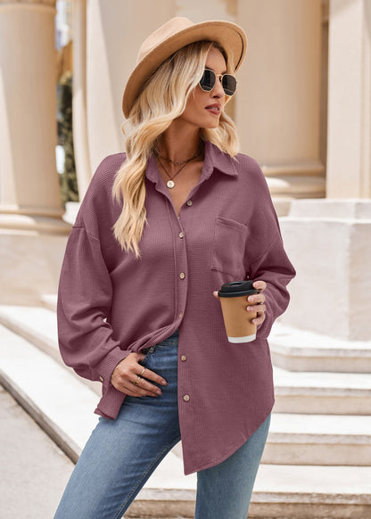 Women Autumn Winter Casual Loose Pockets Waffle Shirt