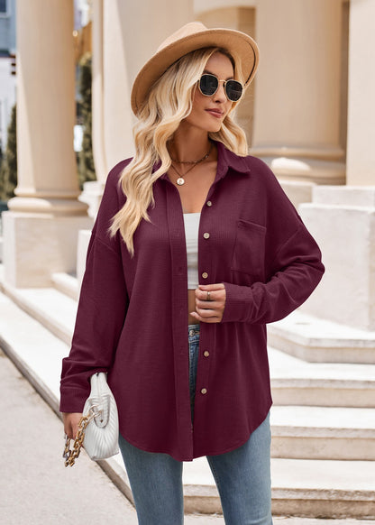 Women Autumn Winter Casual Loose Pockets Waffle Shirt