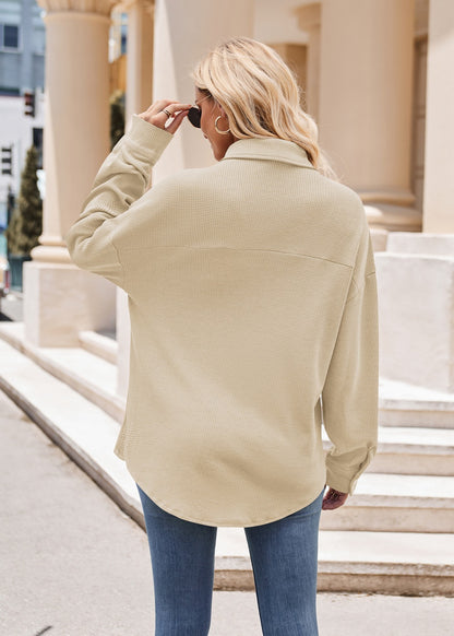 Women Autumn Winter Casual Loose Pockets Waffle Shirt