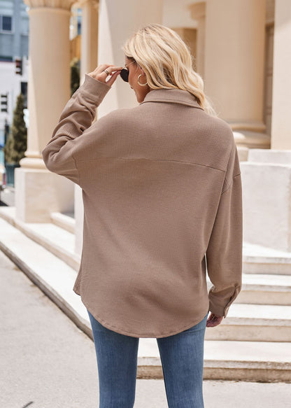 Women Autumn Winter Casual Loose Pockets Waffle Shirt