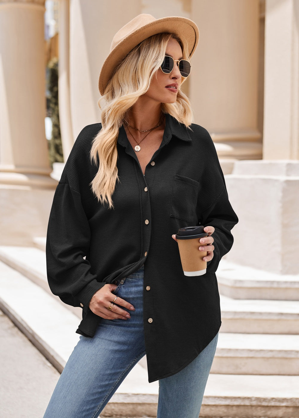 Women Autumn Winter Casual Loose Pockets Waffle Shirt