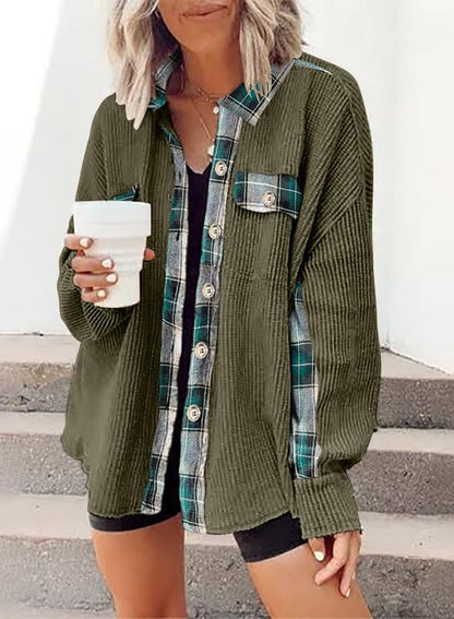 Women Autumn Winter Casual Waffle Knitted Jacket Loose Plaid