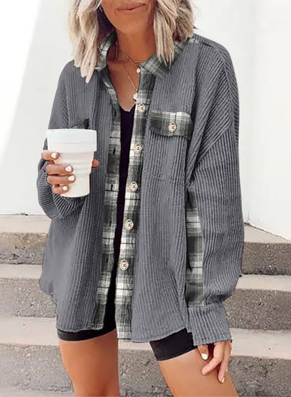 Women Autumn Winter Casual Waffle Knitted Jacket Loose Plaid