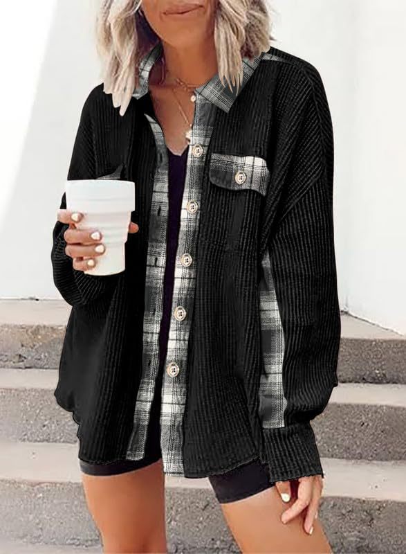 Women Autumn Winter Casual Waffle Knitted Jacket Loose Plaid