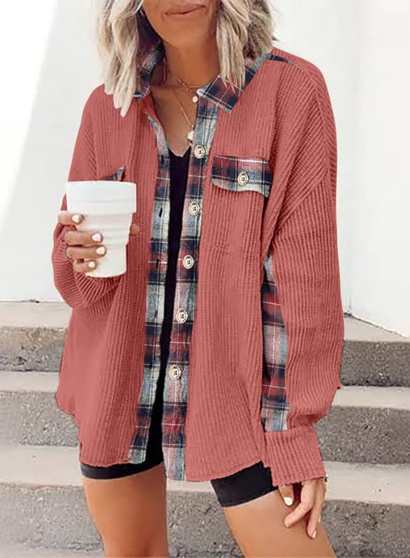 Women Autumn Winter Casual Waffle Knitted Jacket Loose Plaid