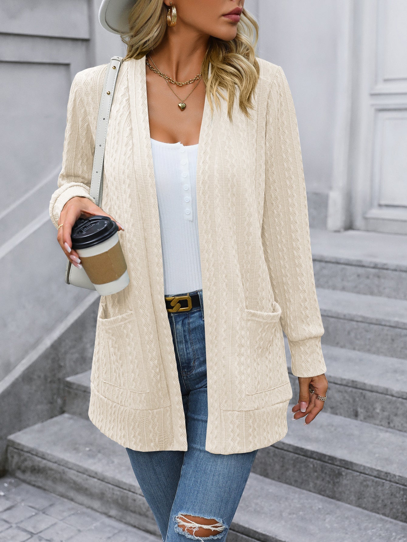 Women Clothing Autumn Winter Solid Color Loose Shawl Mid Length Cable Knit Sweater Cardigan