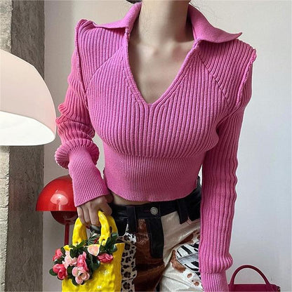 Winter Trend Women Long Sleeve Polo Collar Solid Color Slim Fit Cropped Knitted Top