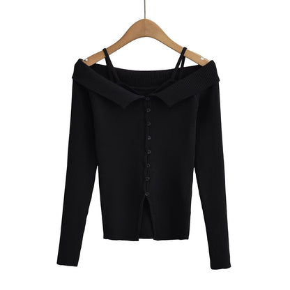 Autumn Sexy Faux Two Piece Long Sleeve Knitted T shirt Women