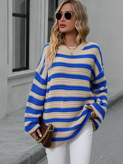 Autumn Winter Striped Sweater Women Knitted Crew Neck Pullover Sweater Women