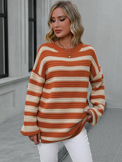 Autumn Winter Striped Sweater Women Knitted Crew Neck Pullover Sweater Women