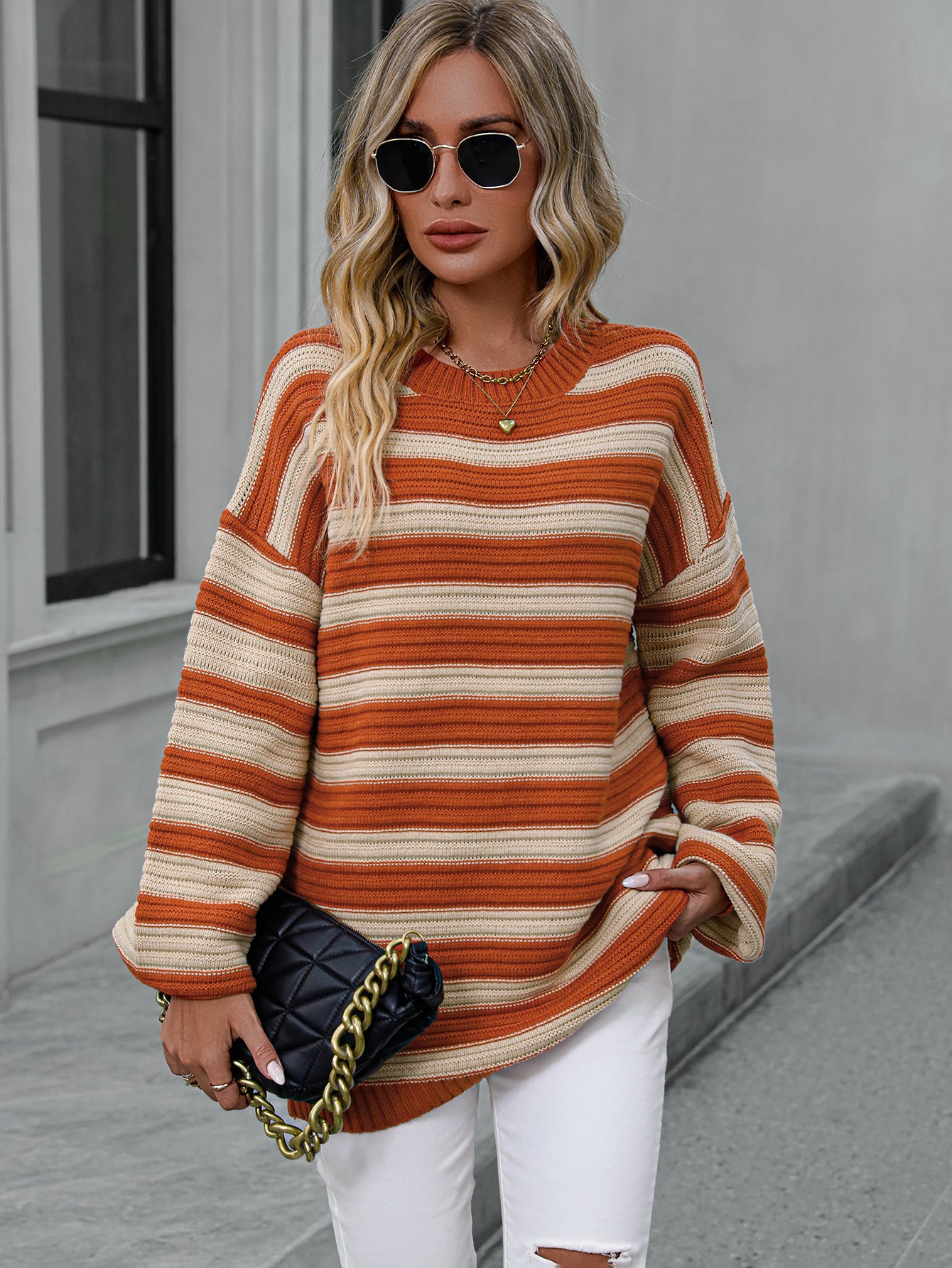 Autumn Winter Striped Sweater Women Knitted Crew Neck Pullover Sweater Women