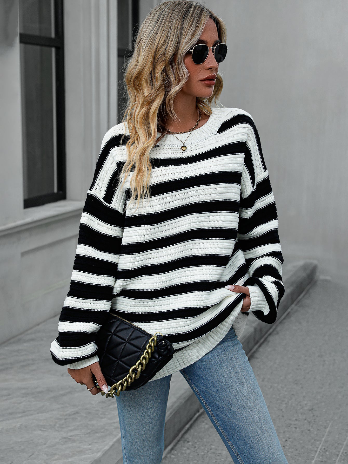 Autumn Winter Striped Sweater Women Knitted Crew Neck Pullover Sweater Women