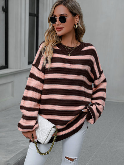 Autumn Winter Striped Sweater Women Knitted Crew Neck Pullover Sweater Women