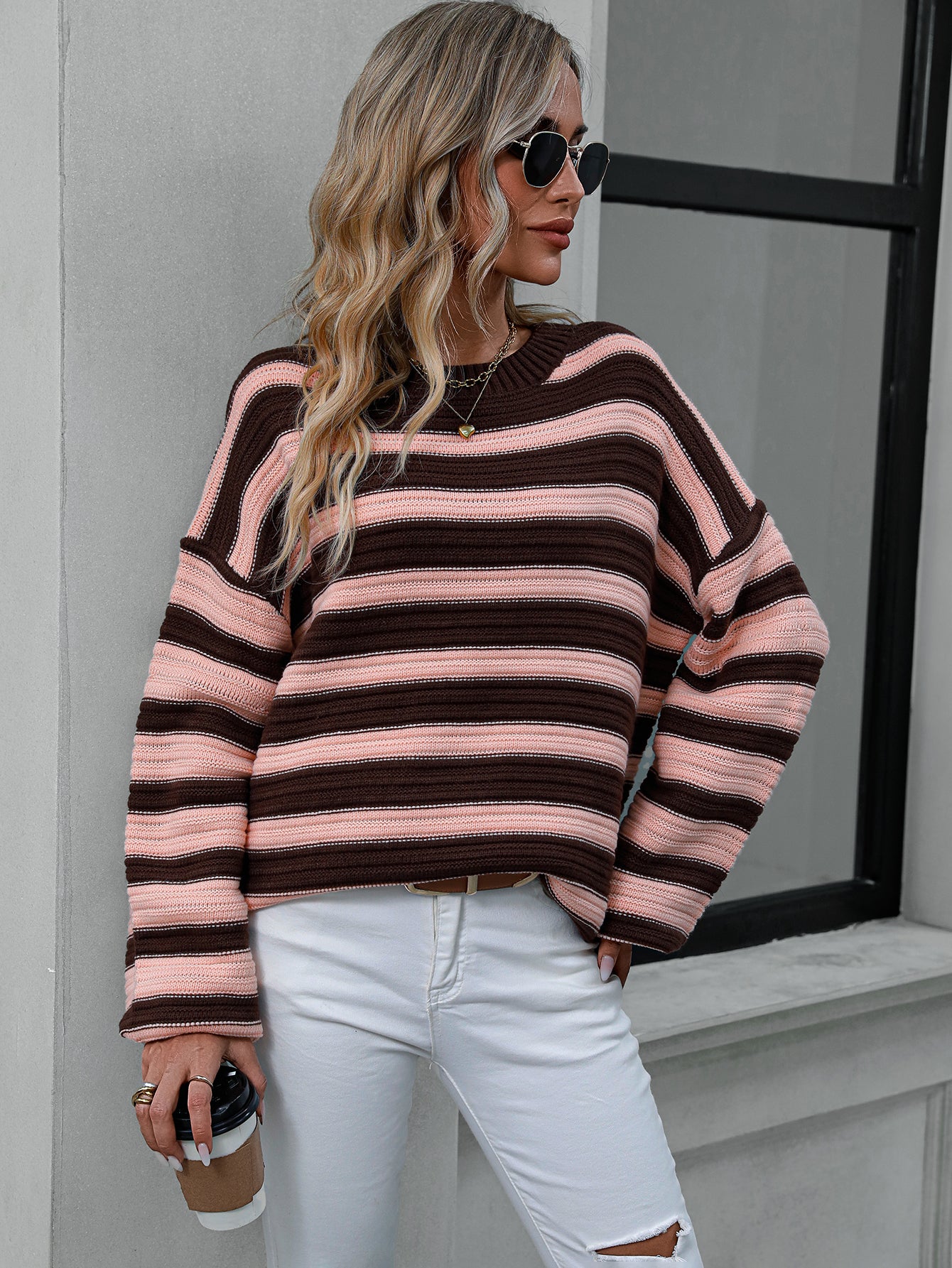 Autumn Winter Striped Sweater Women Knitted Crew Neck Pullover Sweater Women