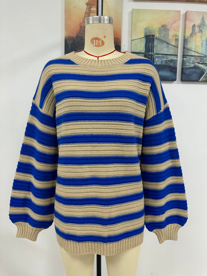 Autumn Winter Striped Sweater Women Knitted Crew Neck Pullover Sweater Women