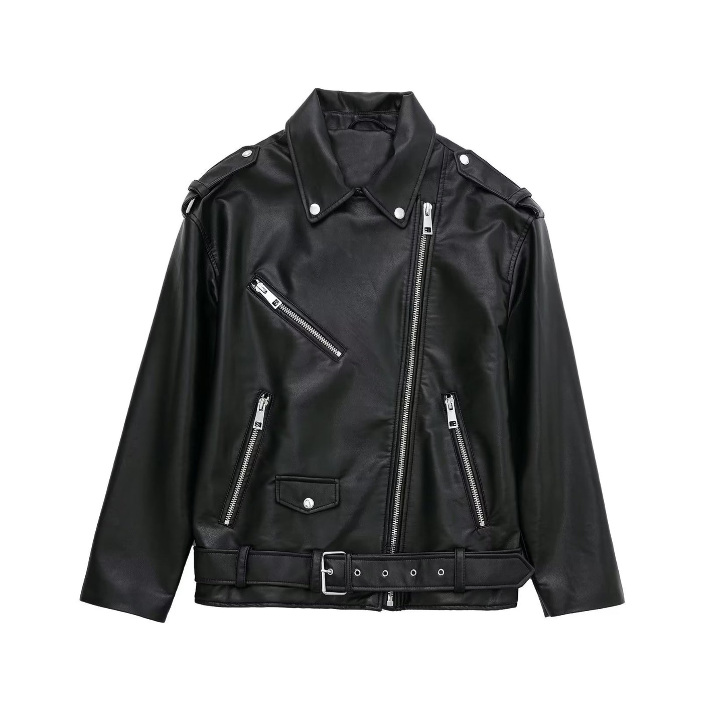 Black Faux Leather Jacket Coat Women Autumn Cool Sexy Loose Street Zipper Motorcycle Leather Coat