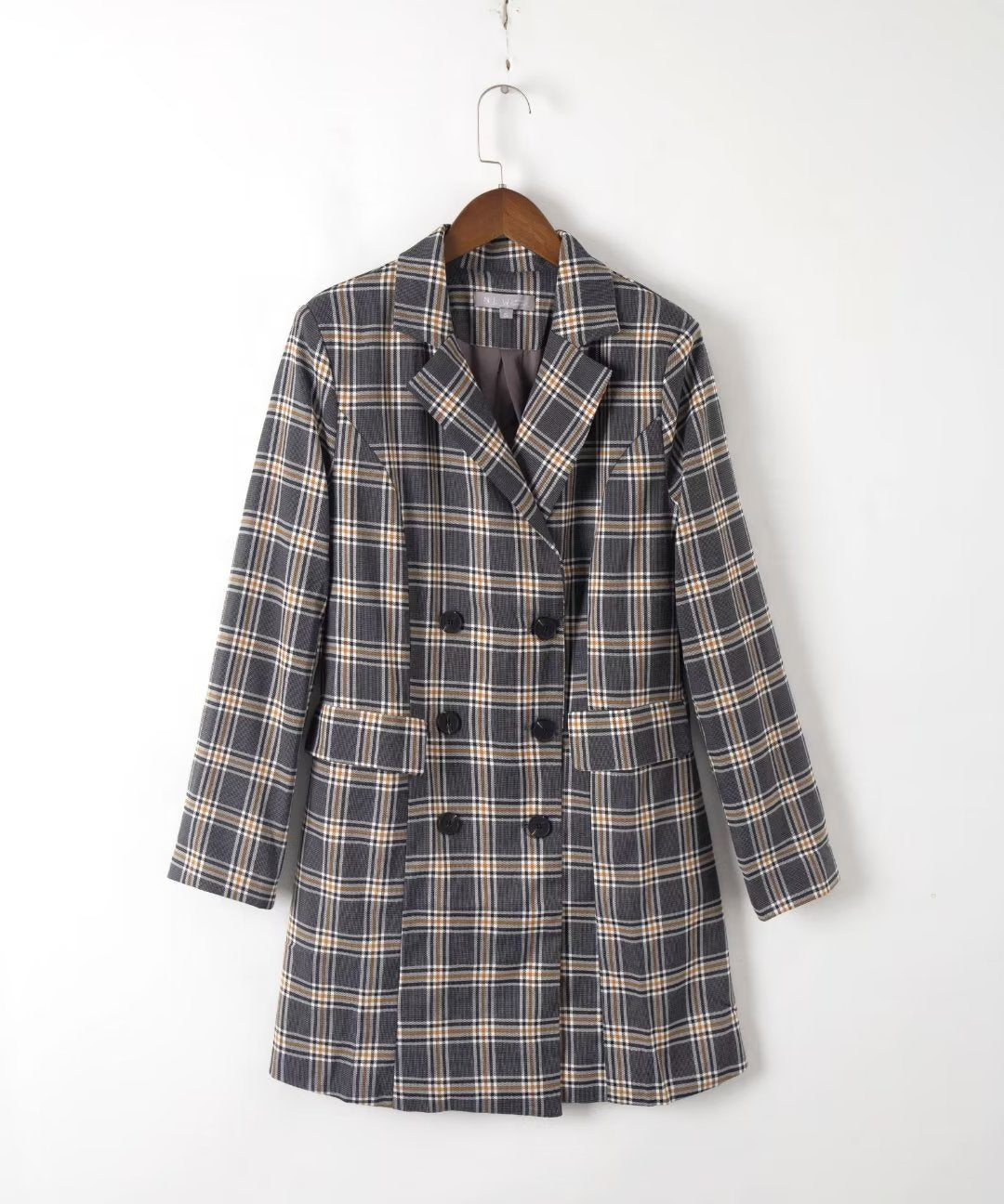 Double Breasted Retro Office Collar Mid Length Plaid Blazers