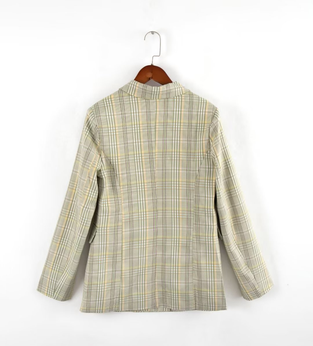 Autumn Green Worsted Fashionable Elegant Plaid Double Breasted Collar Office Coat