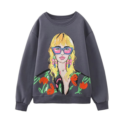 Women  Clothing Autumn Winter round Neck Girls Printed Washed Loose Pullover Long Sleeve Sweater