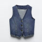 Autumn Winter Denim Vest V neck Single Breasted Short Denim Waistcoat Vest button