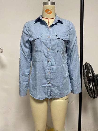 Denim Shirt Autumn Casual Collared Single Breasted Women Long Sleeved Denim