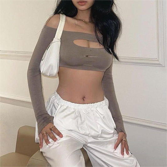 Summer Women Clothing Solid Color off Shoulder Sexy Cutout Long Sleeve Short Top