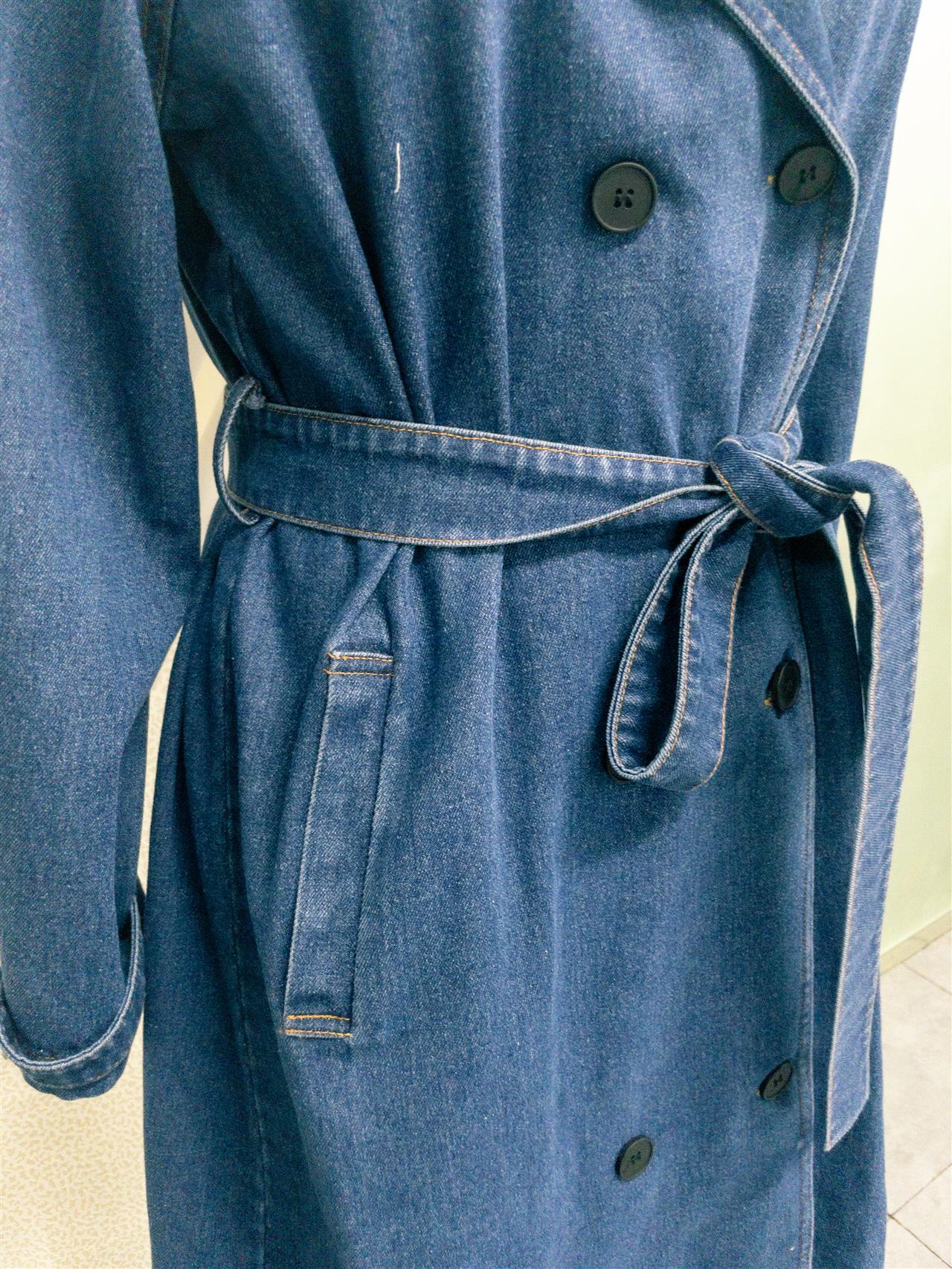 Autumn Winter Women Windbreaker Denim Cotton Solid Color Double Pocket Long Buckle Baggy Coat