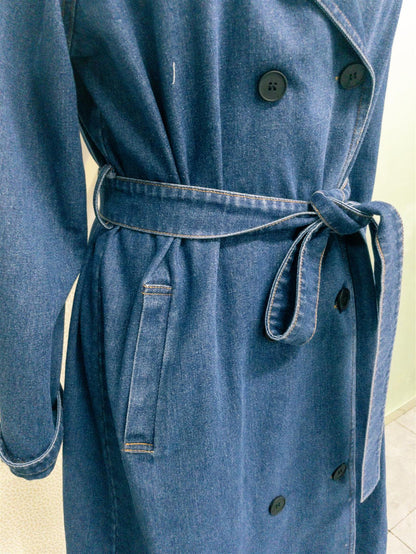 Autumn Winter Women Windbreaker Denim Cotton Solid Color Double Pocket Long Buckle Baggy Coat