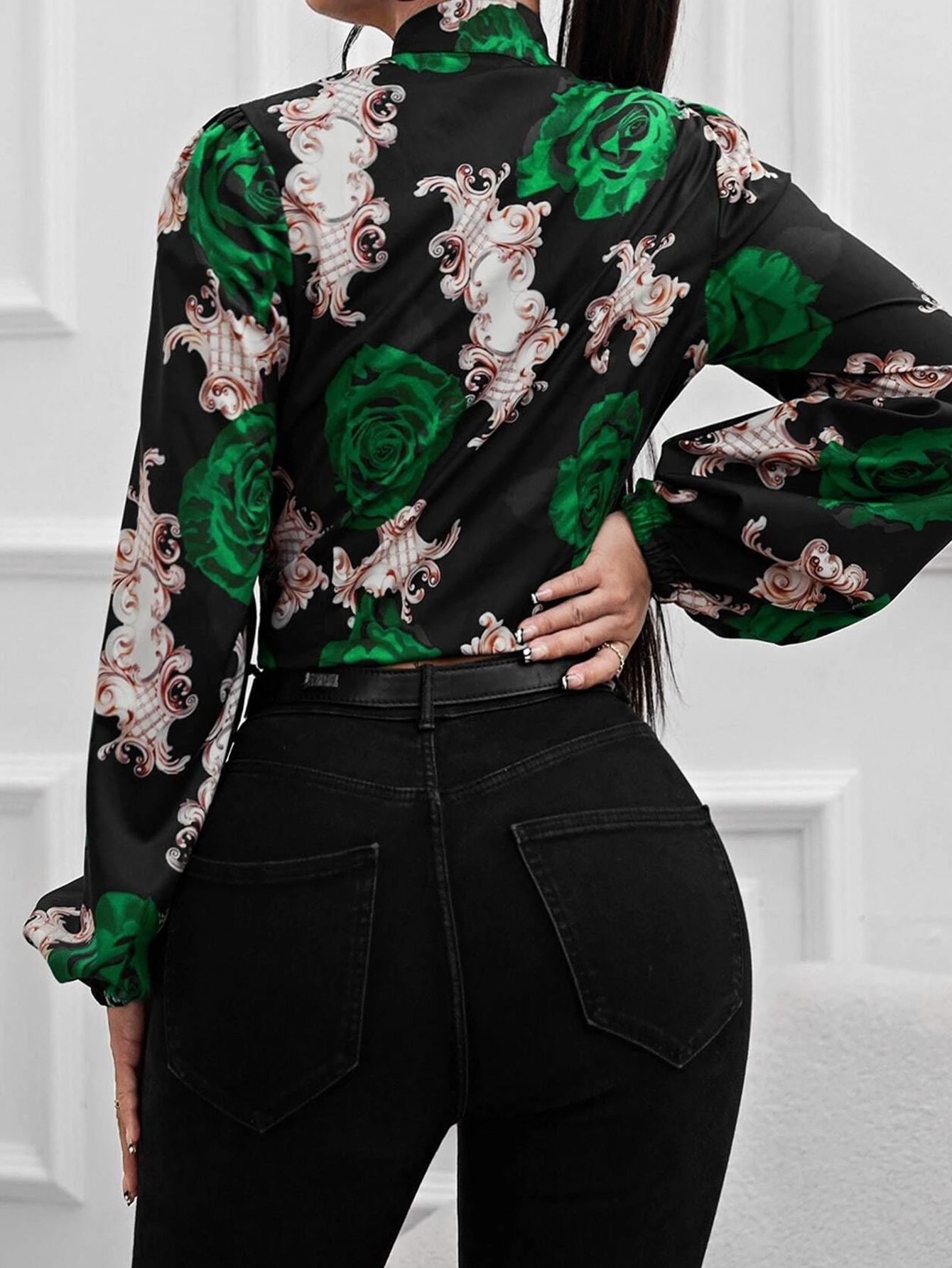 Women Spring and Summer New Flower Print Ribbon Strap Long Sleeve High Waist Top