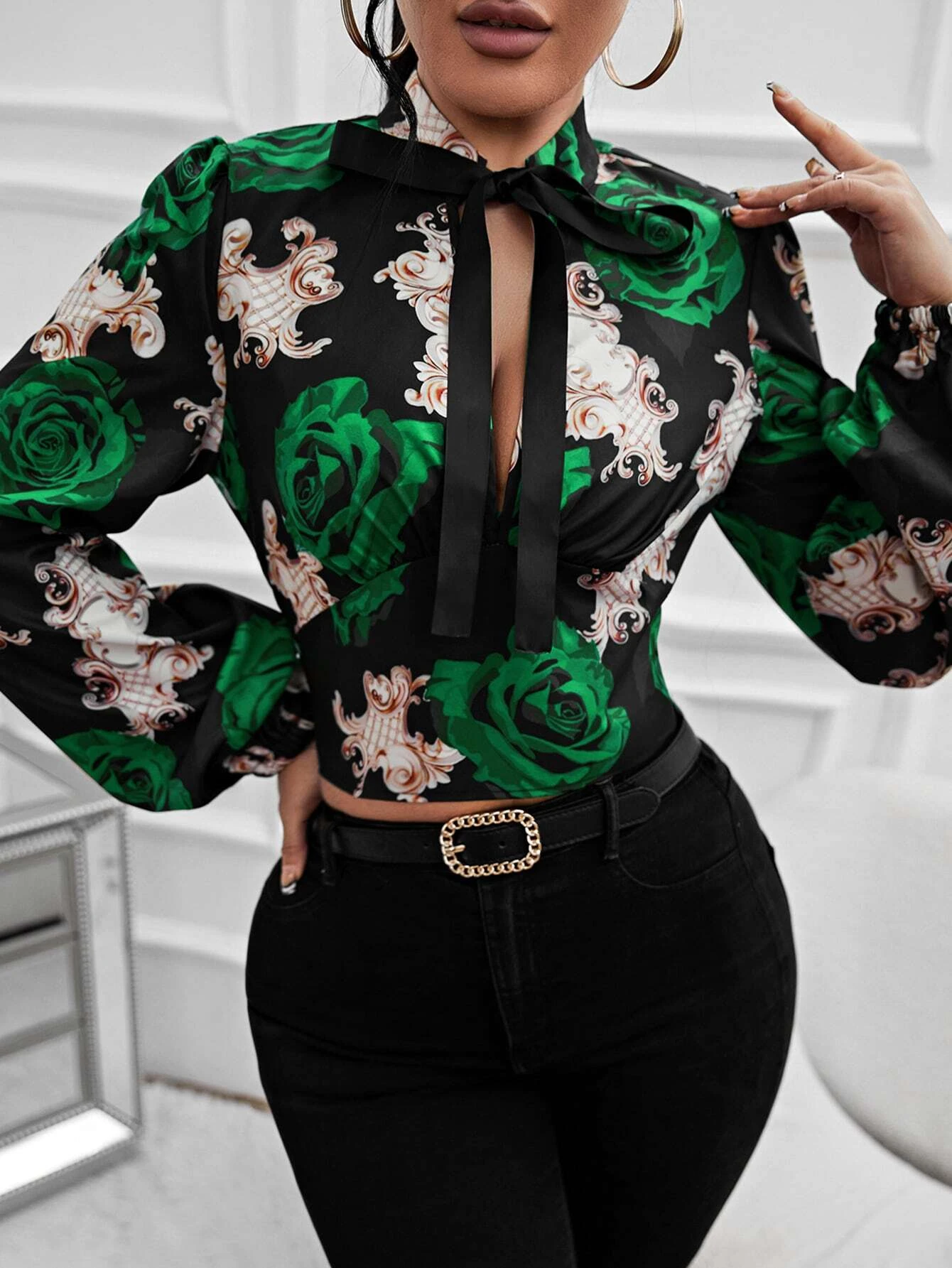 Women Spring and Summer New Flower Print Ribbon Strap Long Sleeve High Waist Top