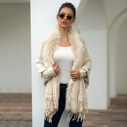 Autumn Winter Tassel Cape Shawl Fur Collar Cloak Solid Color Cardigan Sweater