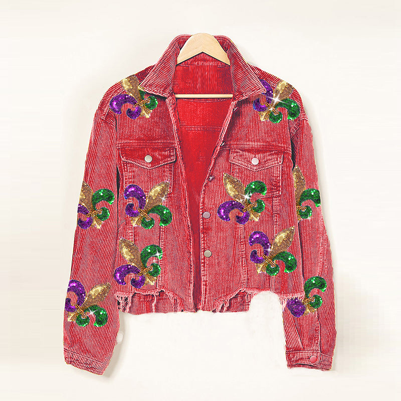 Autumn Winter Corduroy Sequined Jacket Coat Tassel Baseball Top Women  Clothing