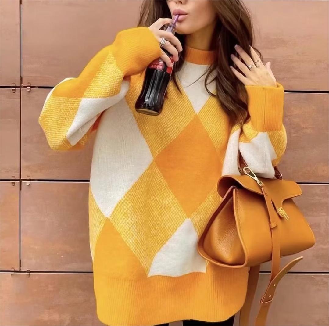 Autumn Winter Color Matching Rhombus Pullover Sweater Pullover Casual Women Top