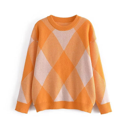 Autumn Winter Color Matching Rhombus Pullover Sweater Pullover Casual Women Top