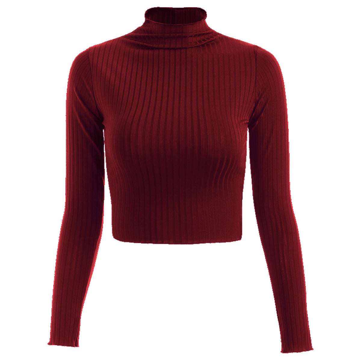 Autumn Winter Half-High Collar Solid Color Long-Sleeved Knitted T- Slim-Fit Women Cropped Top Sweater