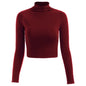 Autumn Winter Half-High Collar Solid Color Long-Sleeved Knitted T-  Slim-Fit Women Cropped Top Sweater