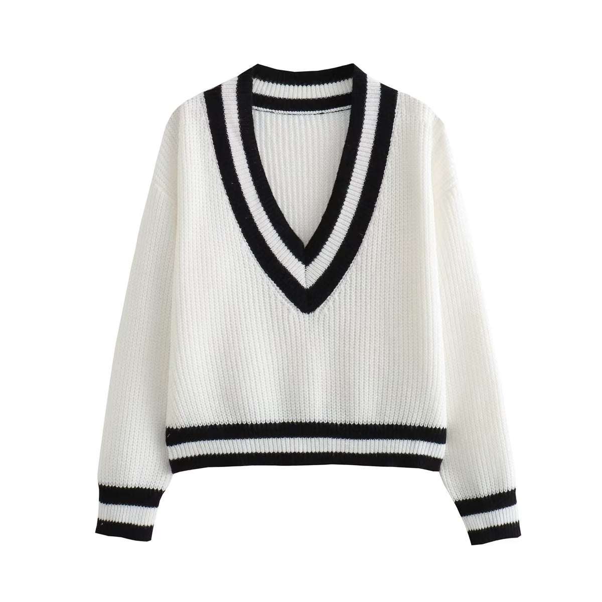 Autumn Winter Simple V Neck Woolen Casual Contrast Color Loose Knitted Long Sleeves Sweater Women