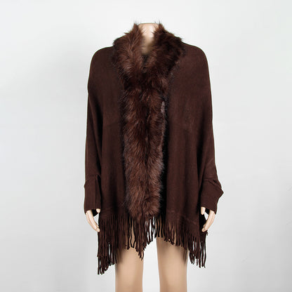 Autumn Winter Tassel Cape Shawl Fur Collar Cloak Solid Color Cardigan Sweater