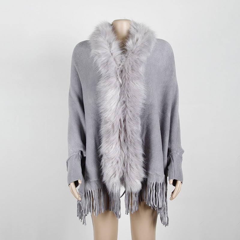 Autumn Winter Tassel Cape Shawl Fur Collar Cloak Solid Color Cardigan Sweater